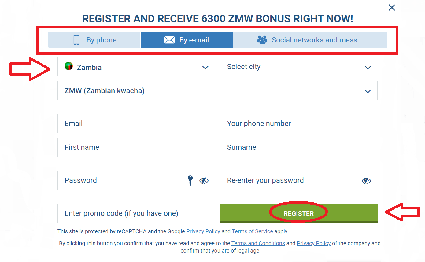 1xBet Zambia registration by email