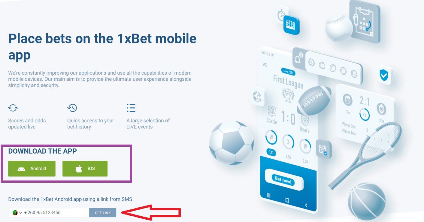 1xBet Android, iOS devices